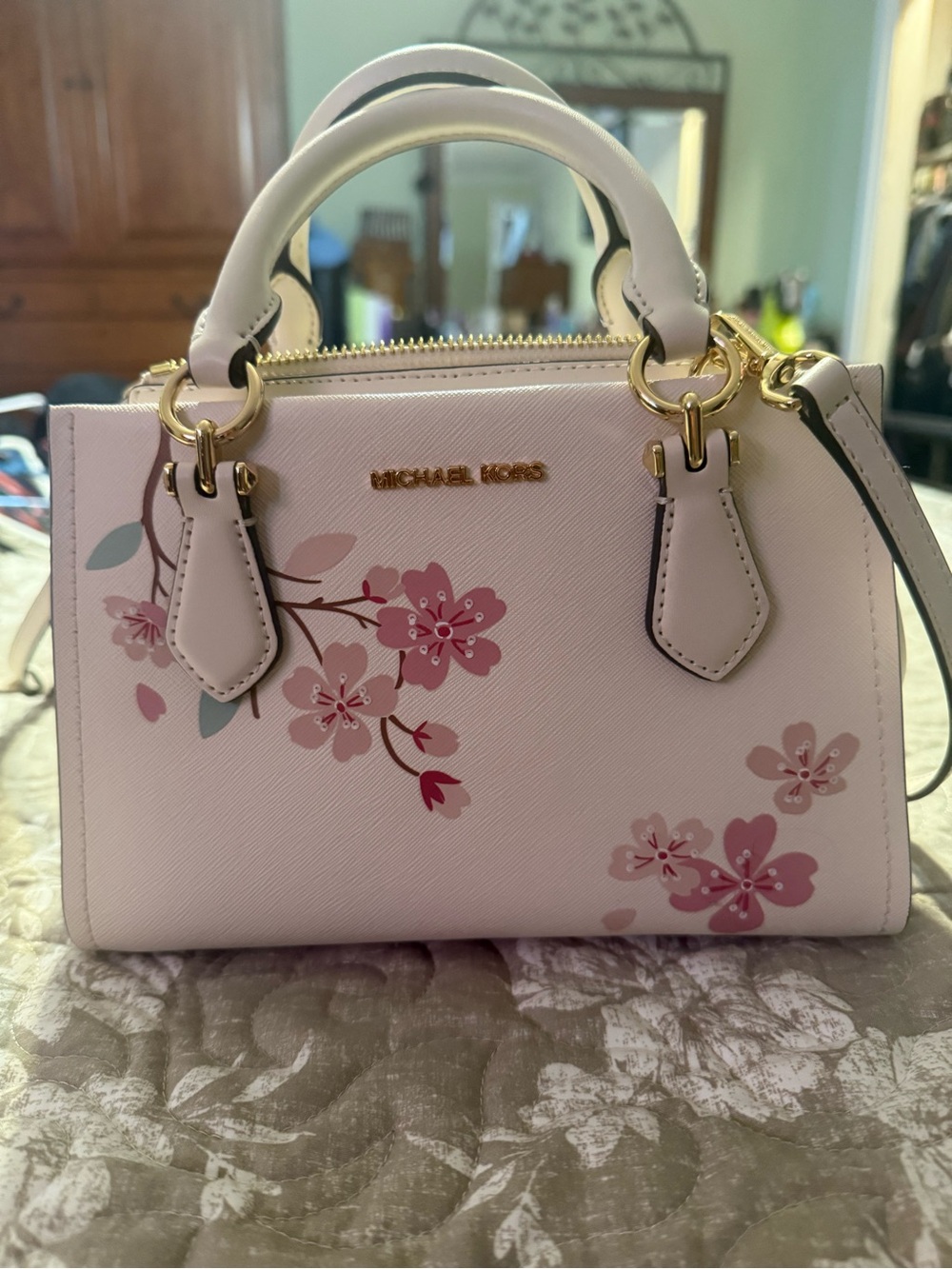 Michael Kors Light Pink Floral Saffiano Leather Satchel